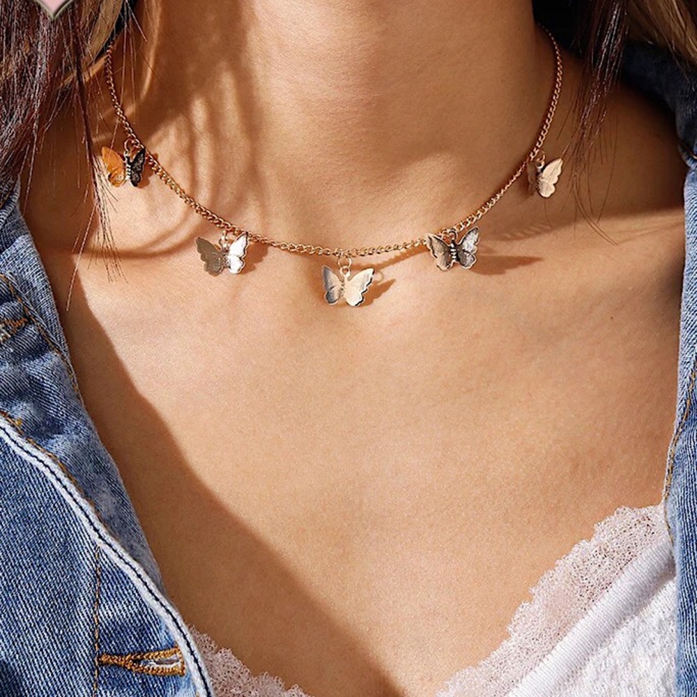 "Summer Bliss" Butterfly Hippie Festival Minimalist Gold Silver Choker Necklace - Picture 10 of 11